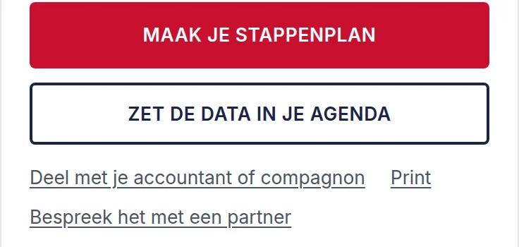 De knoppen onder het actieplan: stappenplan, agenda en delen met je accountant